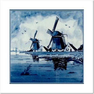 Dutch Blue Delft Windmills Vintage Print Posters and Art